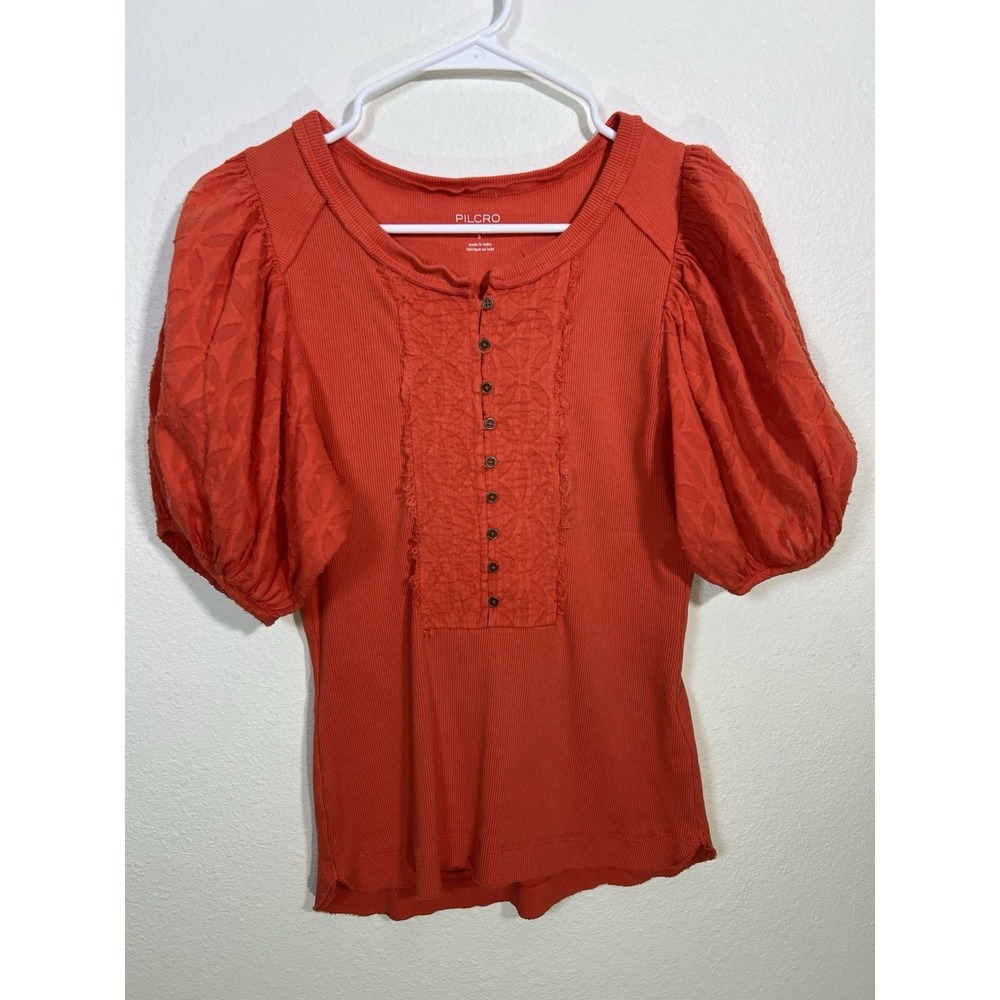 Pilcro Bella Henley Top S Orange Ribbed Puff Sleeve Raw Hem Boho Cottagecore